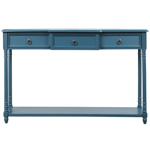 Console Sofa Table with Projecting Drawers and Long Shelf， Antique Navy