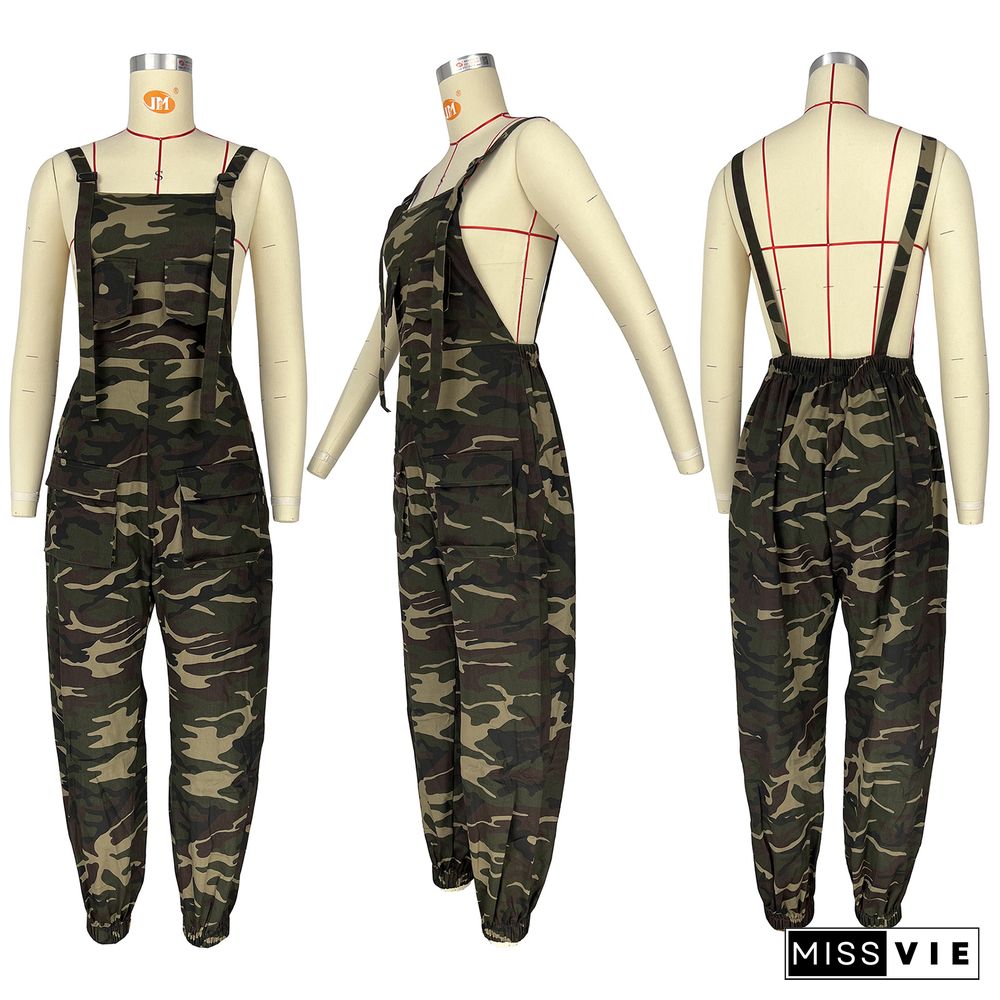 Camo Print High Waist Sleeveless Overalls Jumpsuit