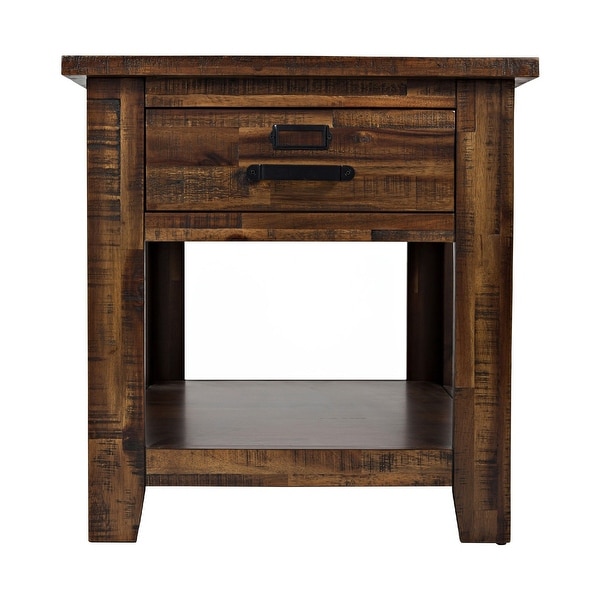 End Table with 1 Drawer and Plank Style， Rustic Brown