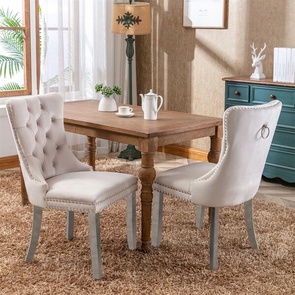 Beige Tufted Solid Wood Velvet Upholstered Dining Chair Set of 2