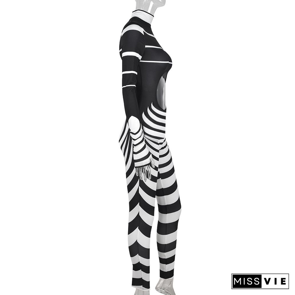 Cut Out Long Sleeve Stripe Print One Piece Jumpsuit