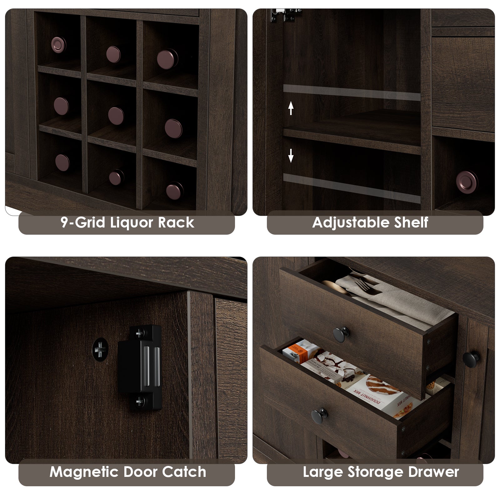 Coffee Bar Cabinet Kitchen 43-inch Buffet Cabinet with Storage, Drawers, Adjustable Shelves, and Wine Rack