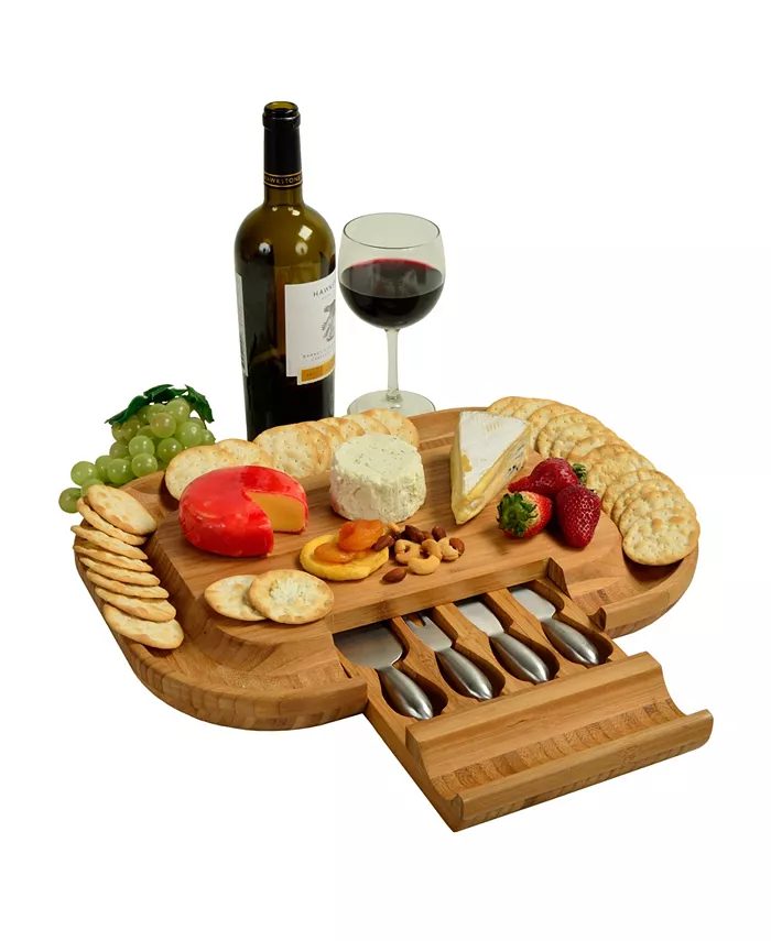 Picnic At Ascot Malvern Deluxe Bamboo Cheese Board with Cracker Rim and 4 Tools