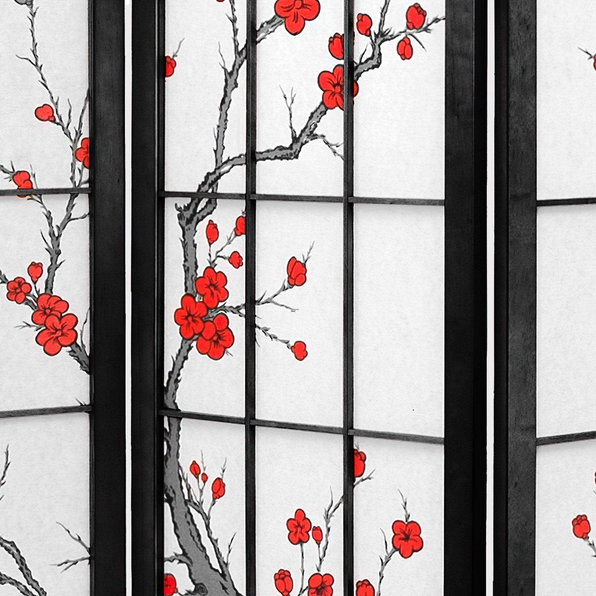 Oriental Furniture 4 ft. Tall Cherry Blossom Shoji Screen - Black - 4 Panel