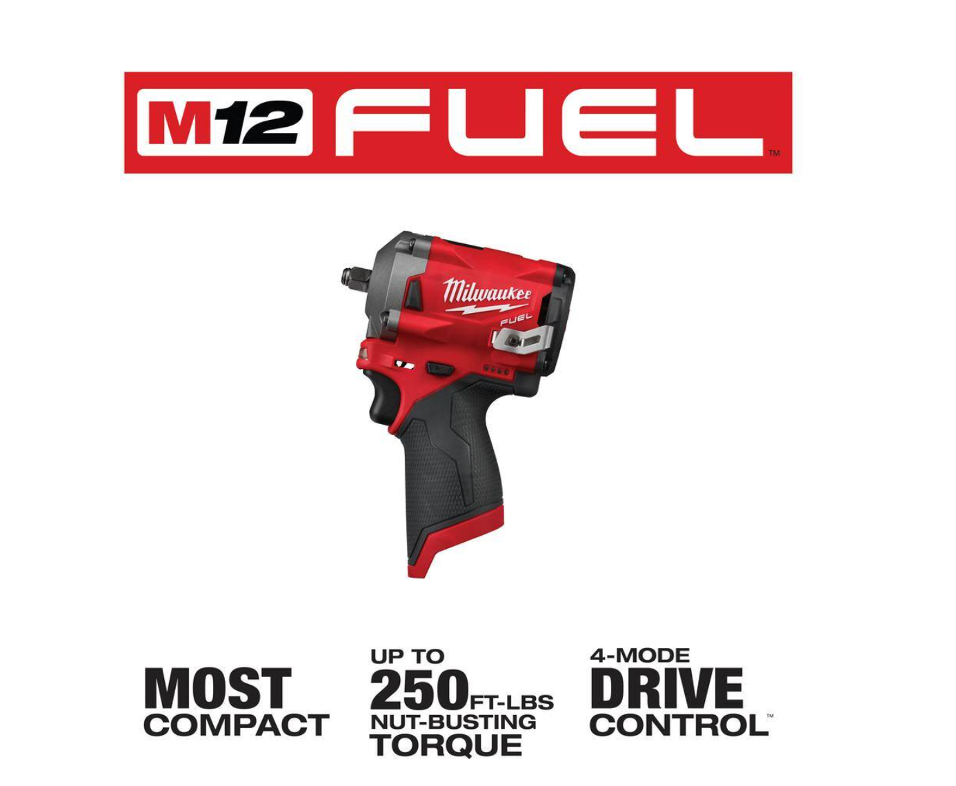 Milwaukee 2554-20-2557-20-48-59-2440 M12 FUEL 12V Lithium-Ion Brushless Cordless Stubby 3/8 in. Impact Wrench and 3/8 in. Ratchet Kit w/Battery and Charger