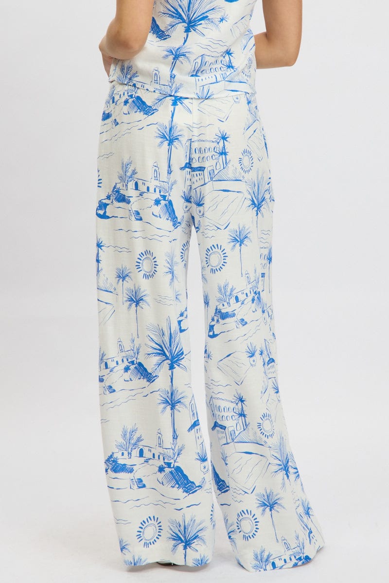 Blue Abstract Wide Leg Pants High Rise