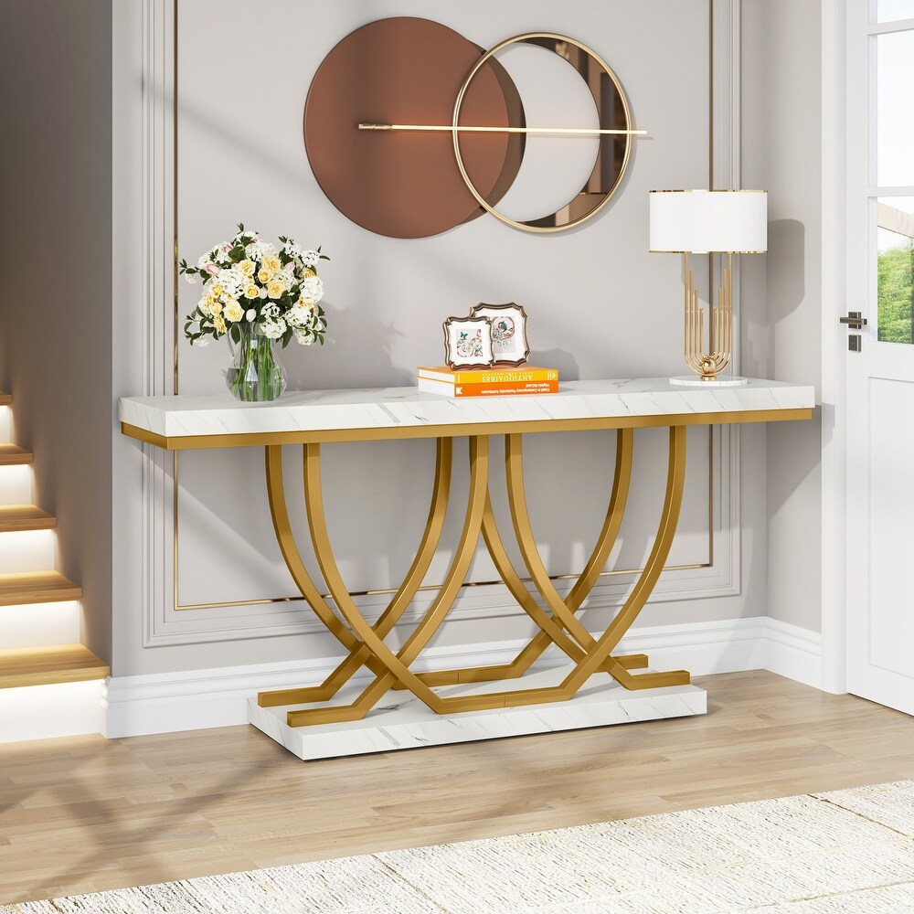 59 Inch Modern Console Table  Faux Marble Entryway Table with Gold Base