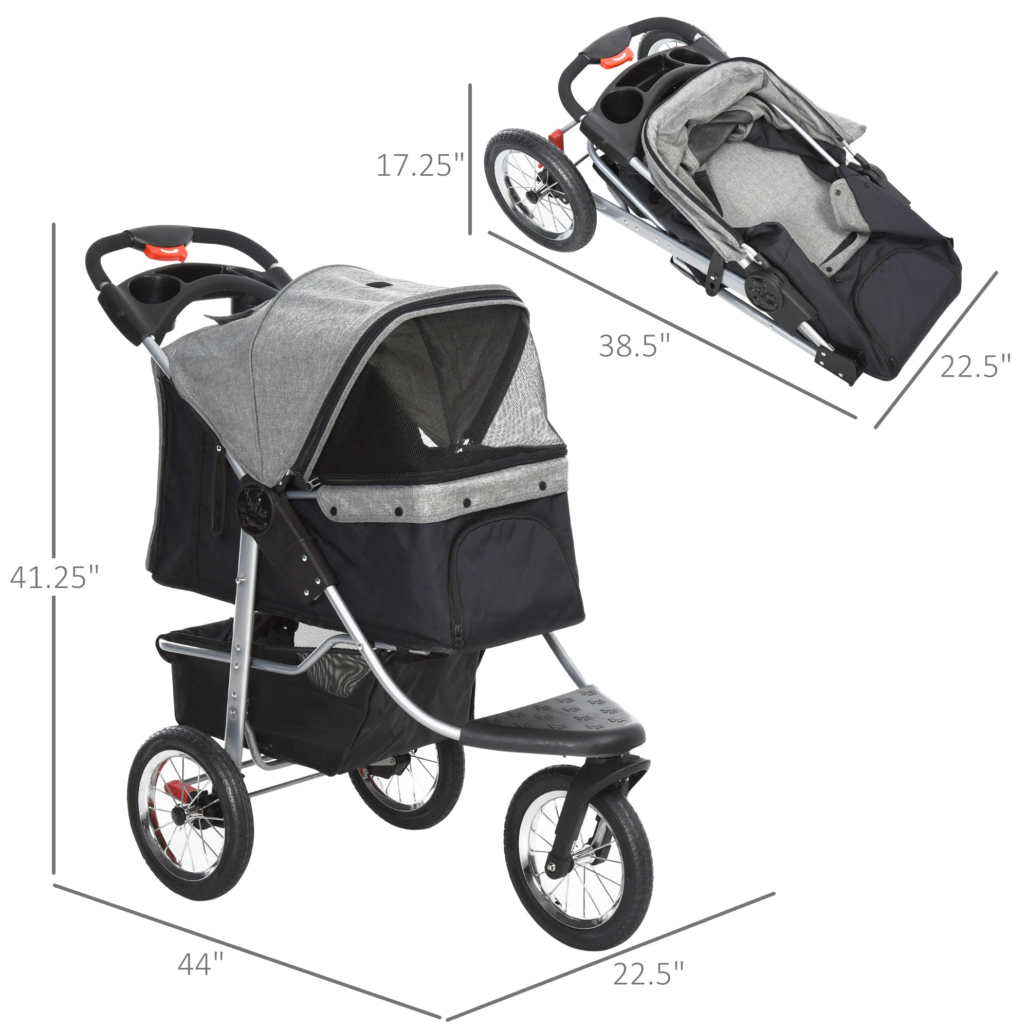 Luxury Folding Pet Stroller Dog/Cat Travel Carriage with Adjustable Canopy and a Zippered Mesh Window Door - Grey