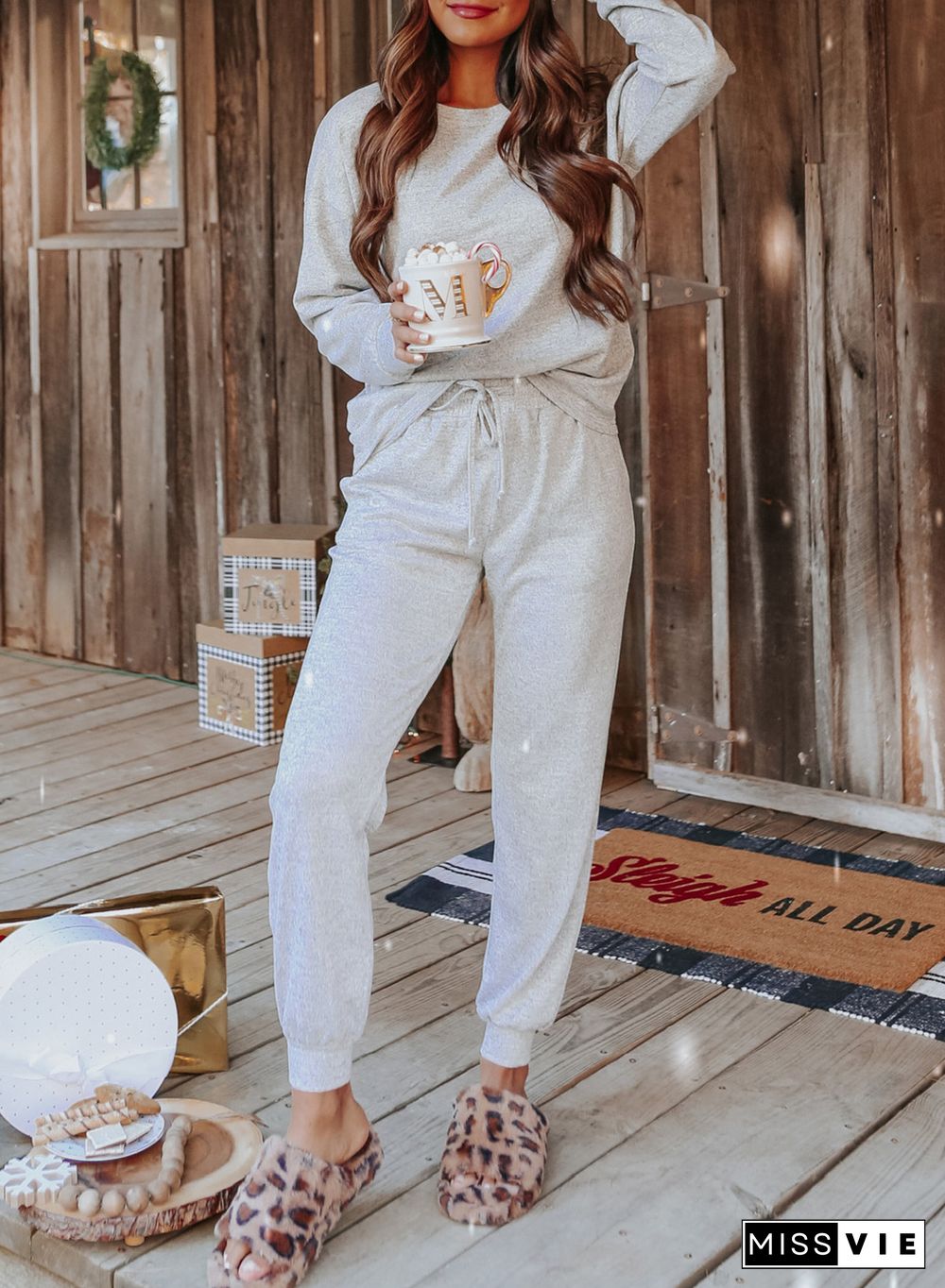 Gray Long Sleeve Pullover and Jogger Pants Lounge Set