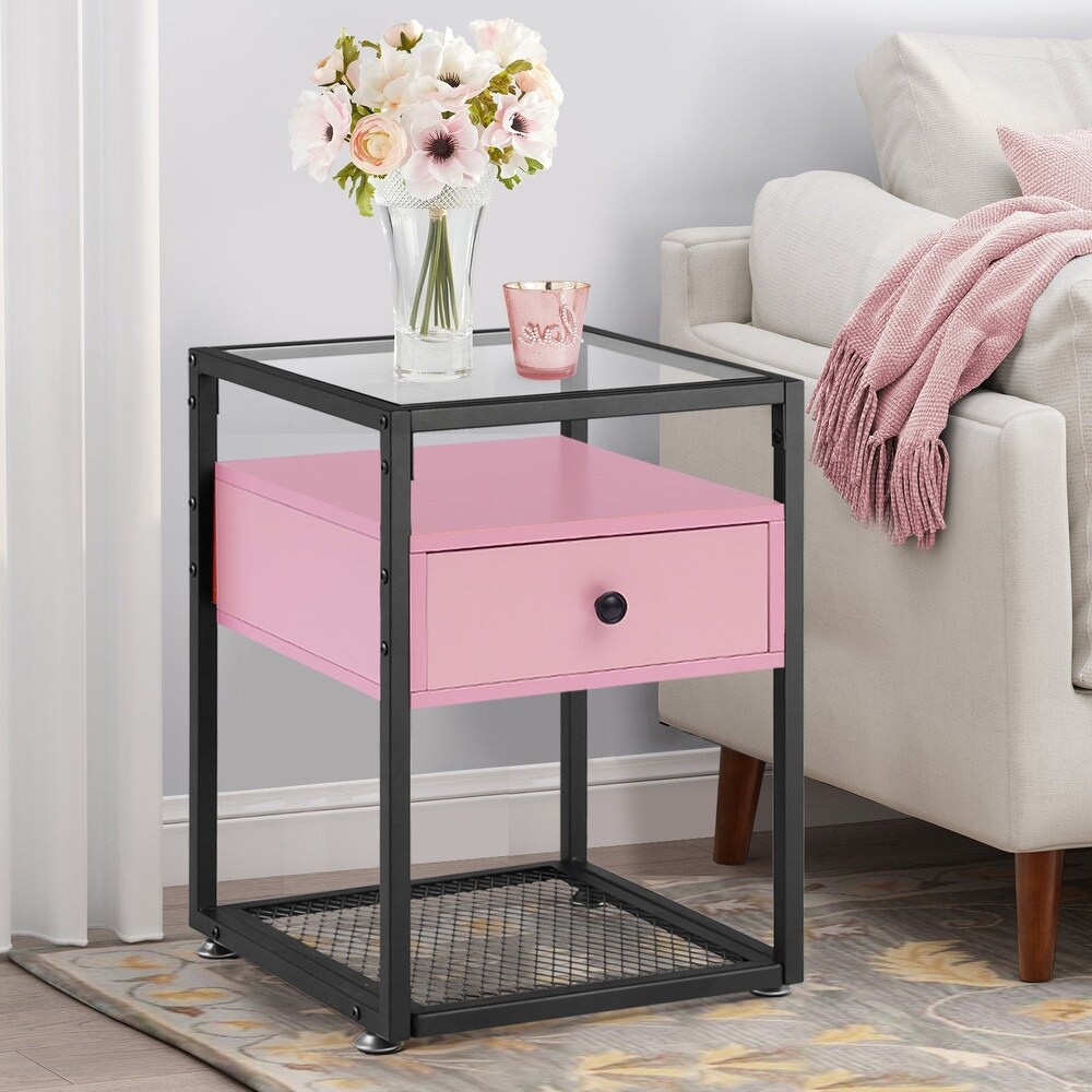 VECELO Modern 1  Drawer Nightstands with Tempered Glass Top