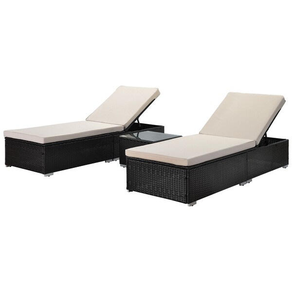 3-Piece Rattan Wicker Patio Chaise Lounge Set， 2 Adjustable Lounge Chaise and Side Table