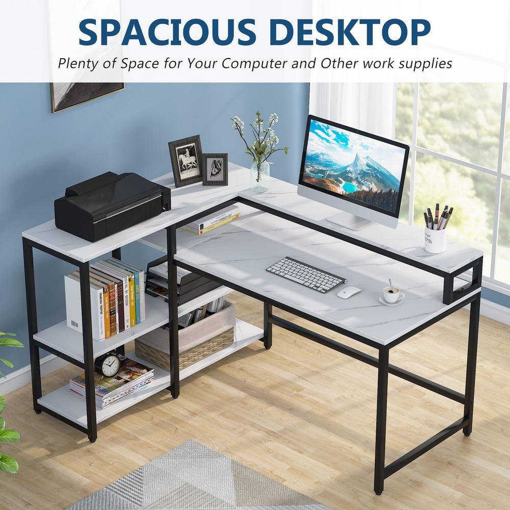 BYBLIGHT 55 in. L-shaped White Faux Marble Reversible Computer Desk with Shelves and Monitor Stand BB-JW0133GX