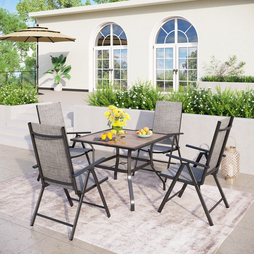 PHI VILLA 5 Piece Square Steel Table   Textilene Reclining Folding Sling Chair Patio Dining Sets