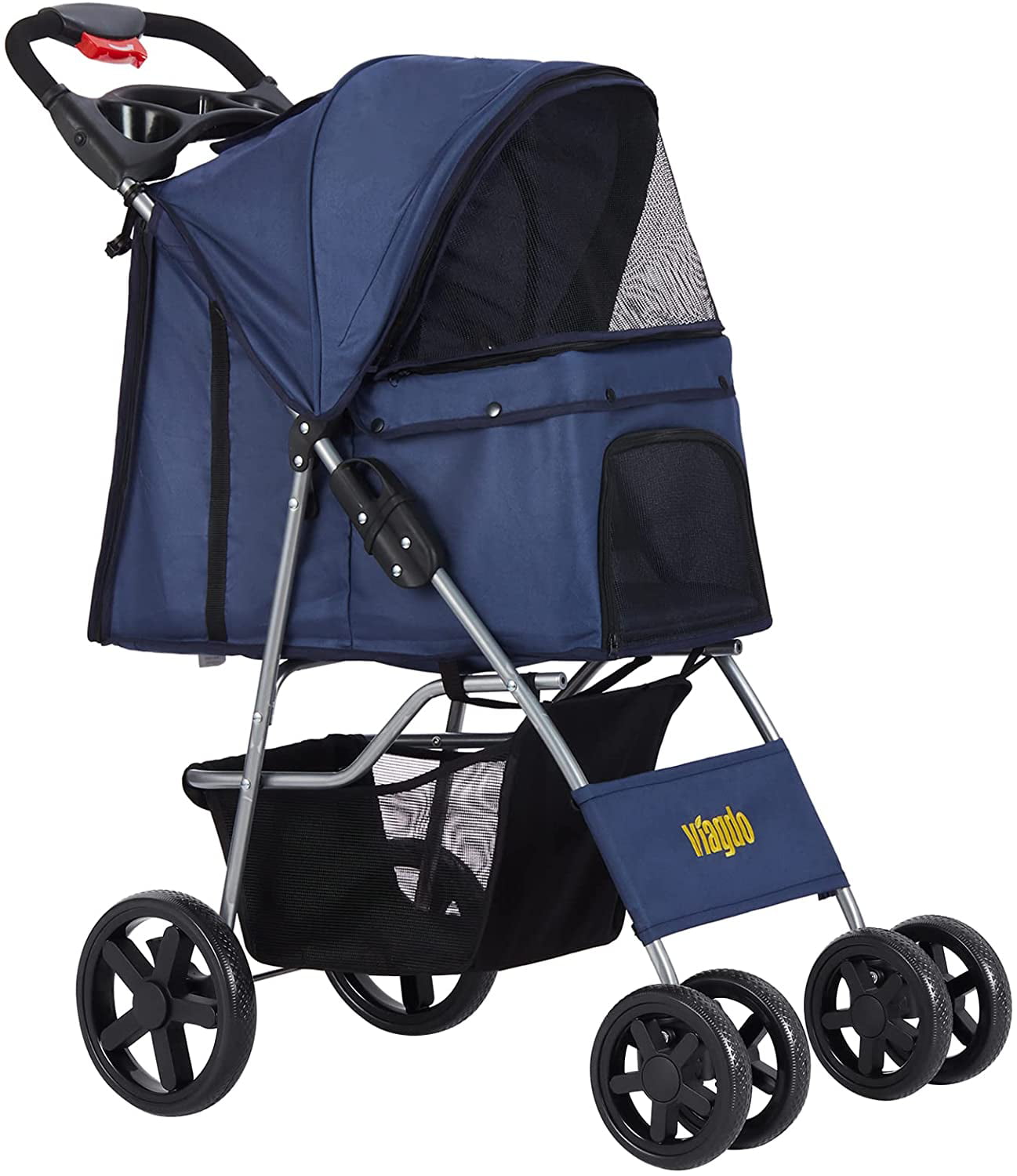 Msmask Foldable Pet Stroller 4 Wheel Cat Dog Travel Carrier with Storage Basket，Dark Blue