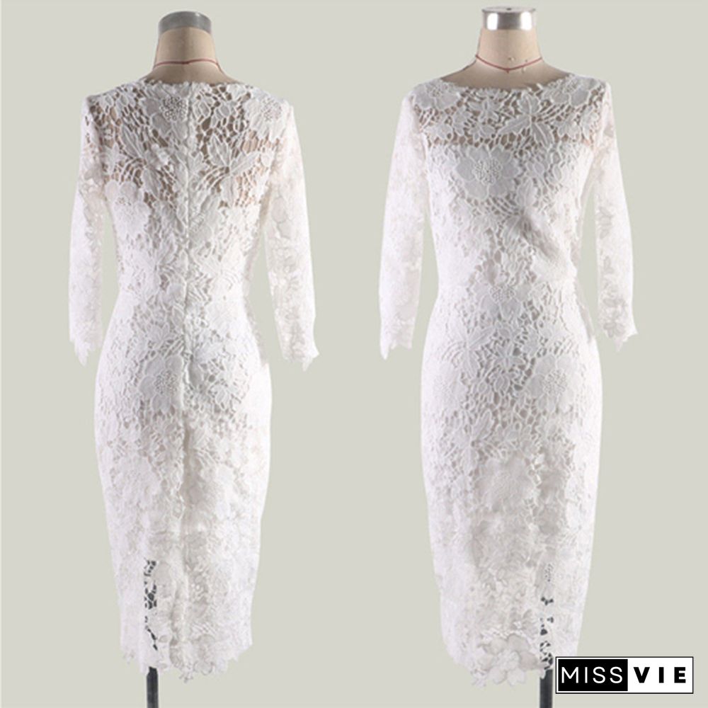 New Style Women Lace Dress White Floral Lace Womens Dresses Midi Winter Wedding Evening Party Dress Autumn Winter Ladies Dresses