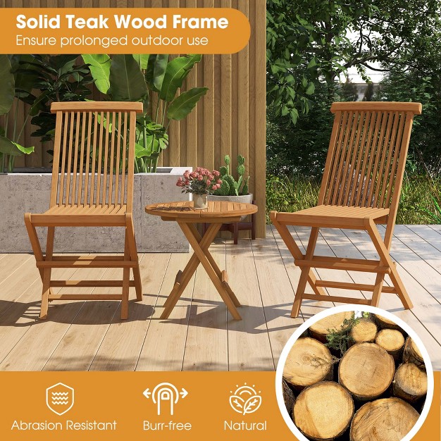 Costway 3pcs Patio Bistro Set Round Table Teak Wood Folding Chair Slatted Tabletop Seat