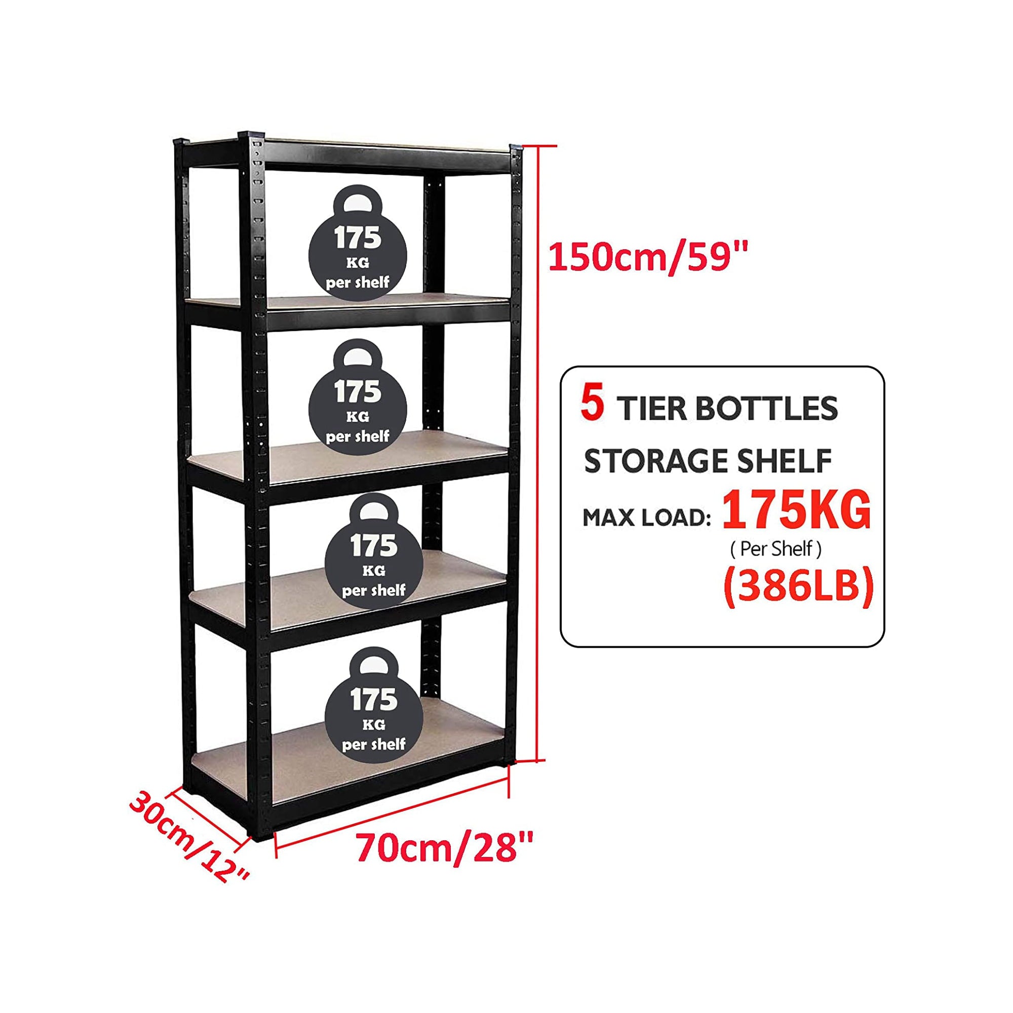 Dayplus 150 x 70 x 30cm Garage Shelving Unit 5 Tier Heavy Duty Racking Storage Boltless Shelves