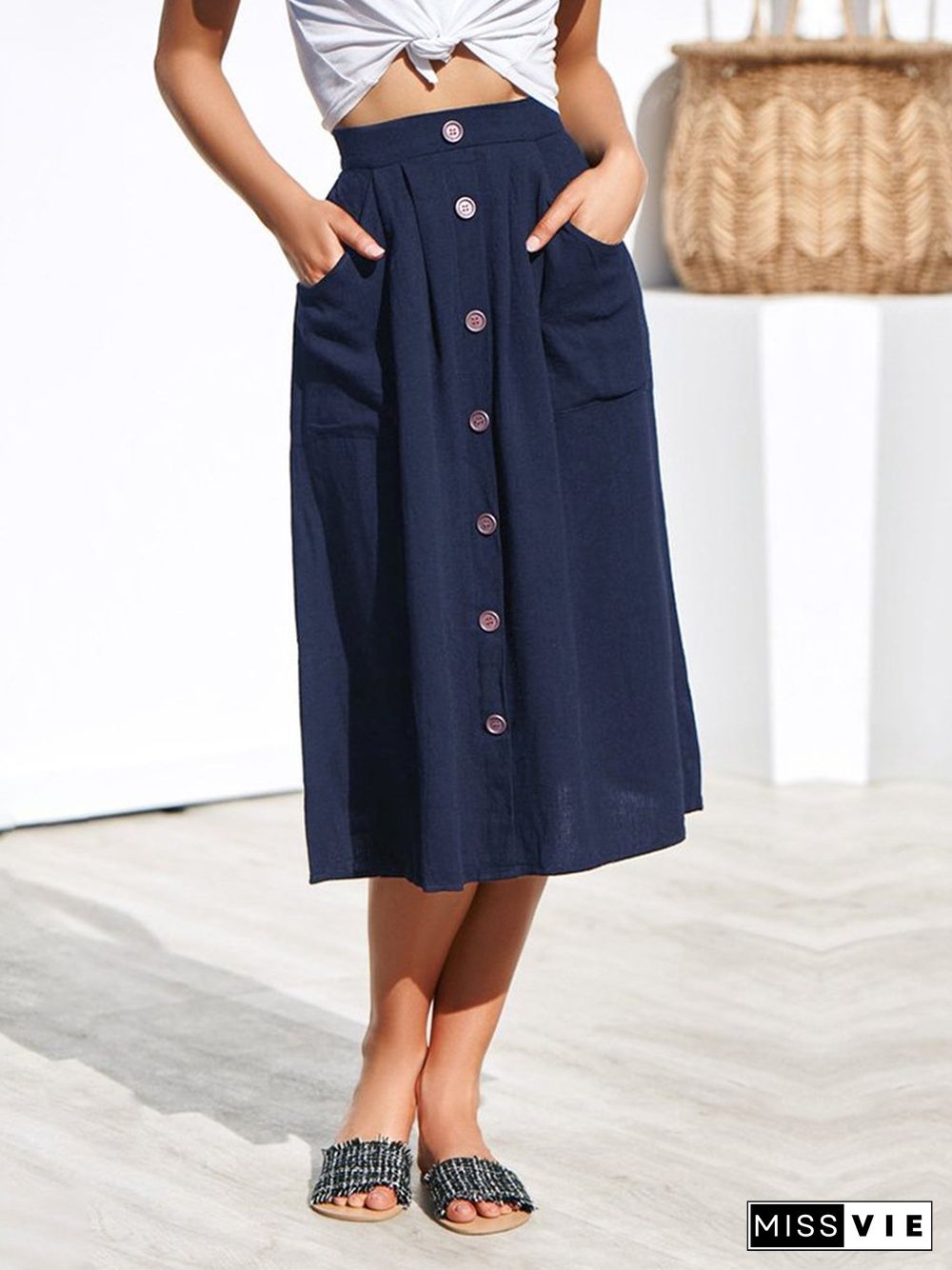 A-Lined Buttons Knee Length Midi Skirt With Pockets