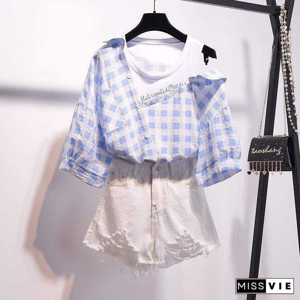 Plaid Off Shoulder Blouse+Denim Shorts P13928