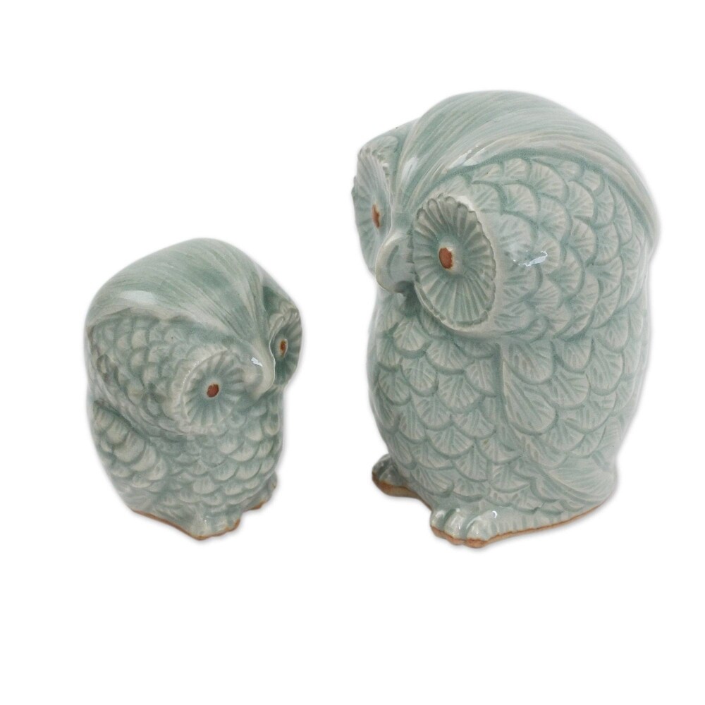 Handmade Little Light Blue Owls Celadon Ceramic Figurines (Thailand)