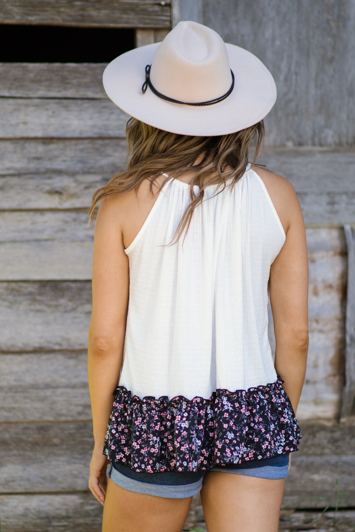 Off White and Black Floral Ruffle Trim Tank
