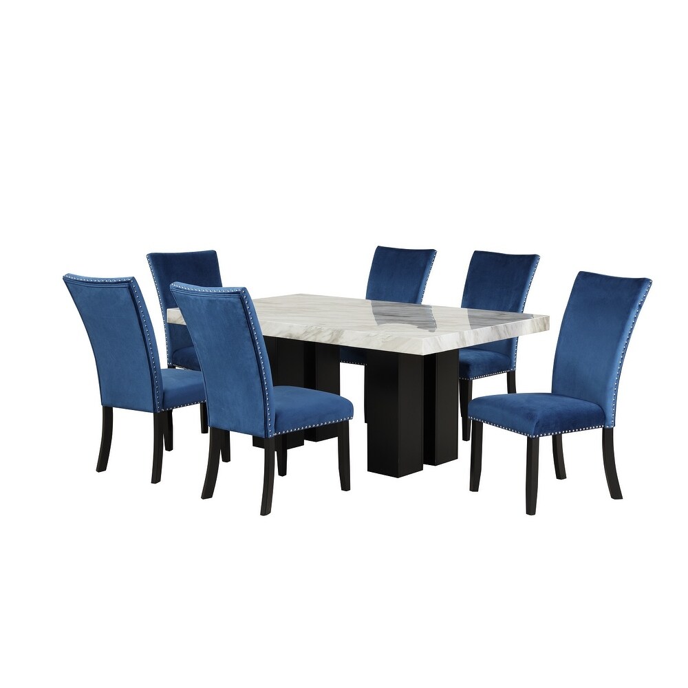 Dining Table Set with 1 Marble Table and 6 Upholstered Seat Chairs