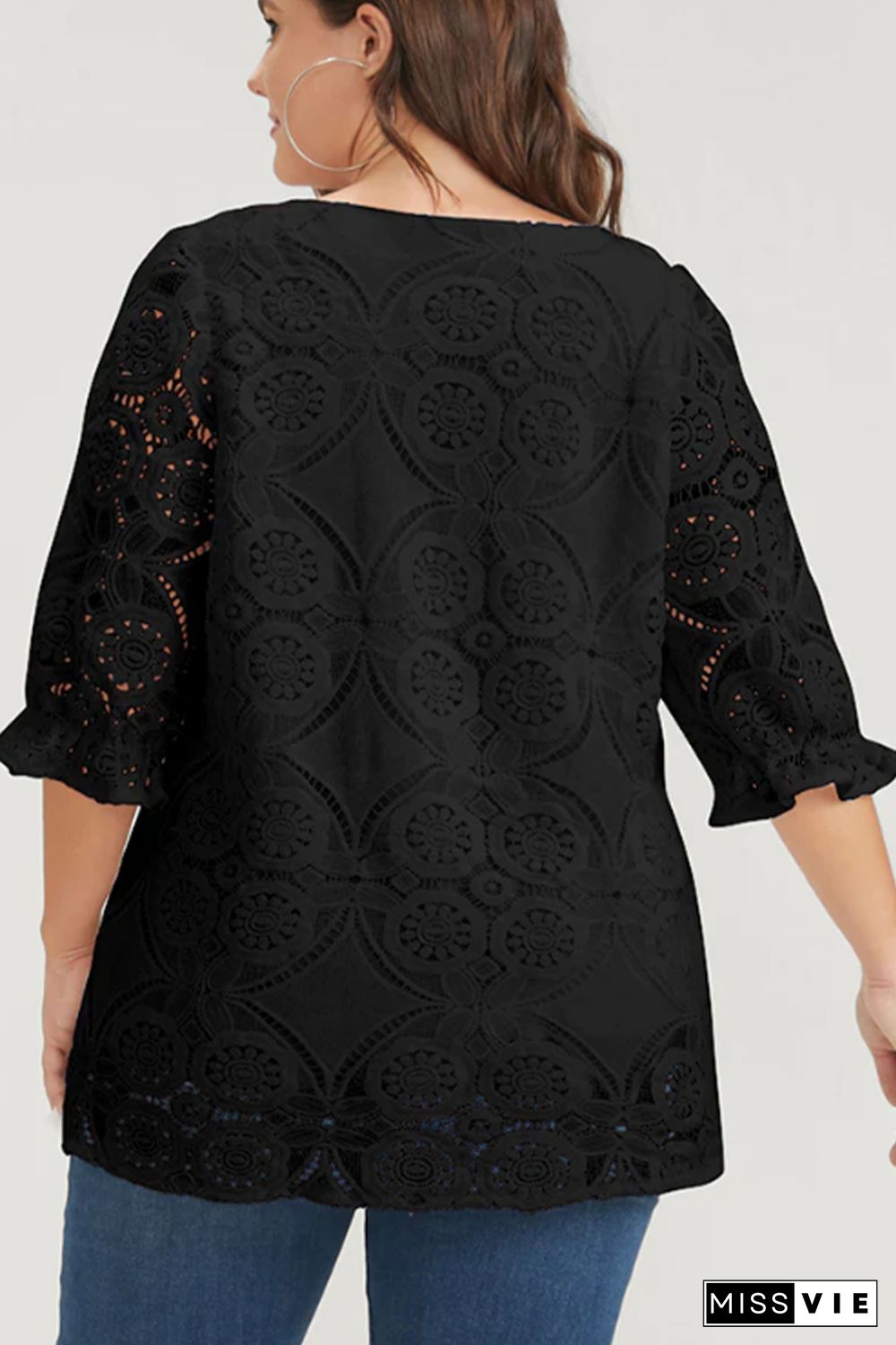 Black Plus Size Lace Crochet Square Neck Blouse