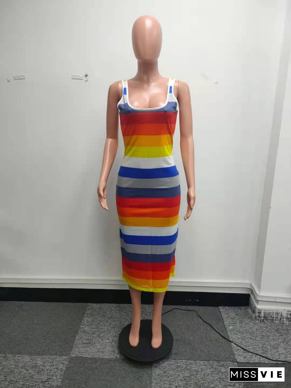 Summer Contrast Color Striped Sleeveless Bodycon Long Dress