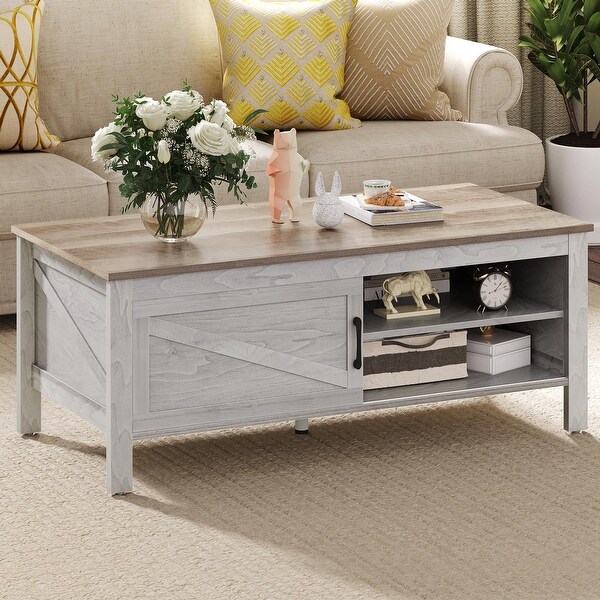 Farmhouse Wood Coffee Table with Storage Sliding Barn Door Adjustment Shelf Height