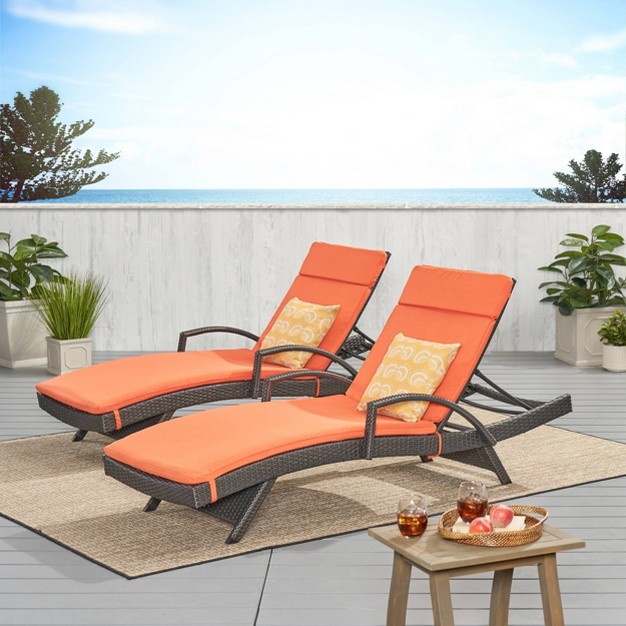 Salem Set Of 2 Gray Wicker Adjustable Chaise Lounge With Arms Orange Christopher Knight Home