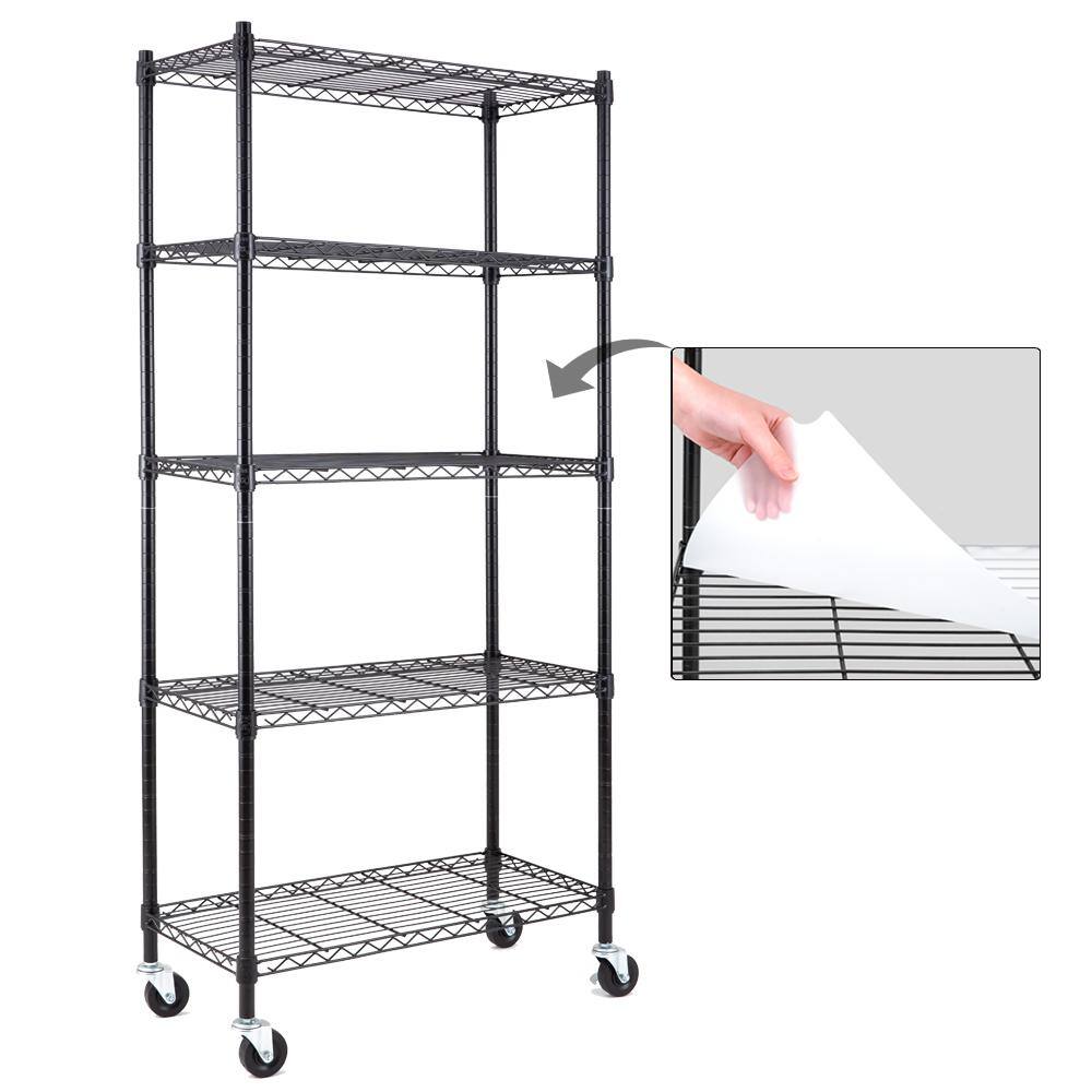 EFINE Black 5-Tier Rolling Heavy Duty Metal Wire Storage Shelving Unit Casters 1 in. Pole (30 in. W x 63.7 in. H x 14 in. D) RL33655