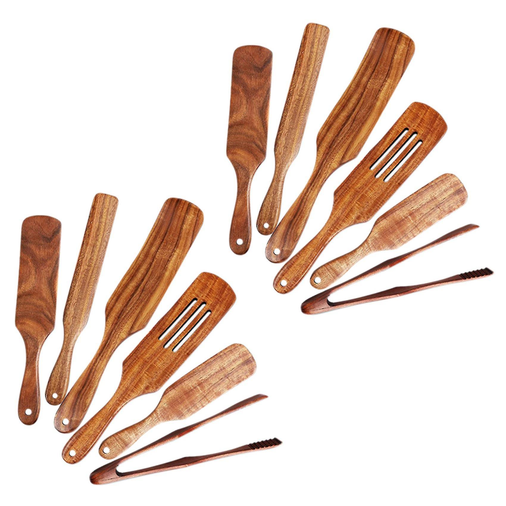 12 Pcs Wooden Spurtle Set， Teak Spurtle Set Heat Resistant Wooden Spatula Cooking Utensils Set Non-