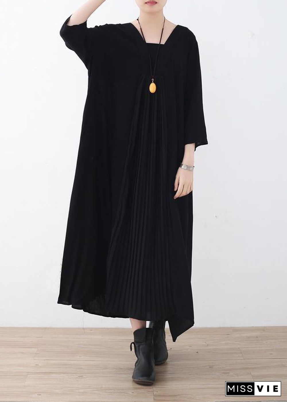 Women black v neck chiffon quilting dresses Cinched Maxi summer Dress