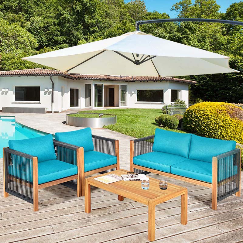 4 Pcs Acacia Wood Outdoor Loveseat Sofa Set with 2 Single Chairs & Coffee Table, Cushions