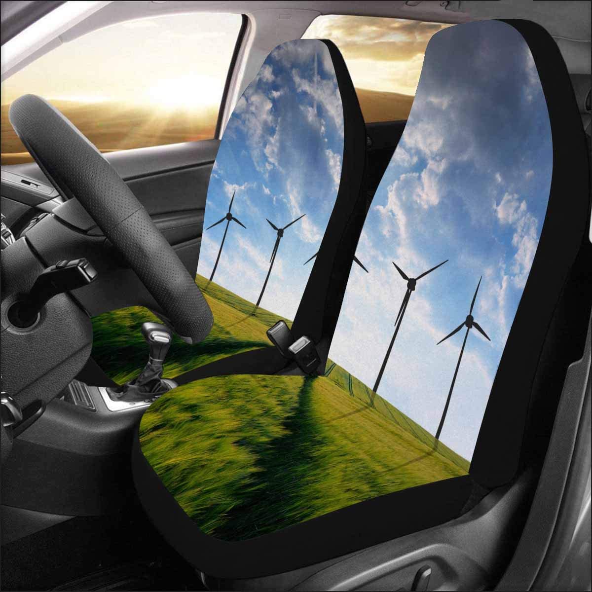 FMSHPON Set of 2 Car Seat Covers Wheat Fields with Wind Turbines Universal Auto Front Seats Protector Fits for Car，SUV Sedan，Truck