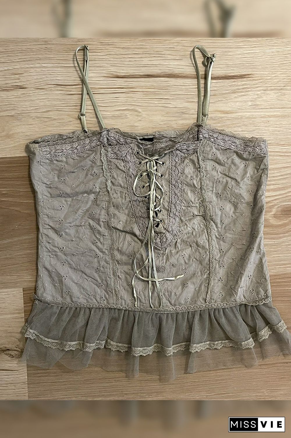 Eyelet Lace Cross Ribbon Mesh Hem Retro Cami Tank Top