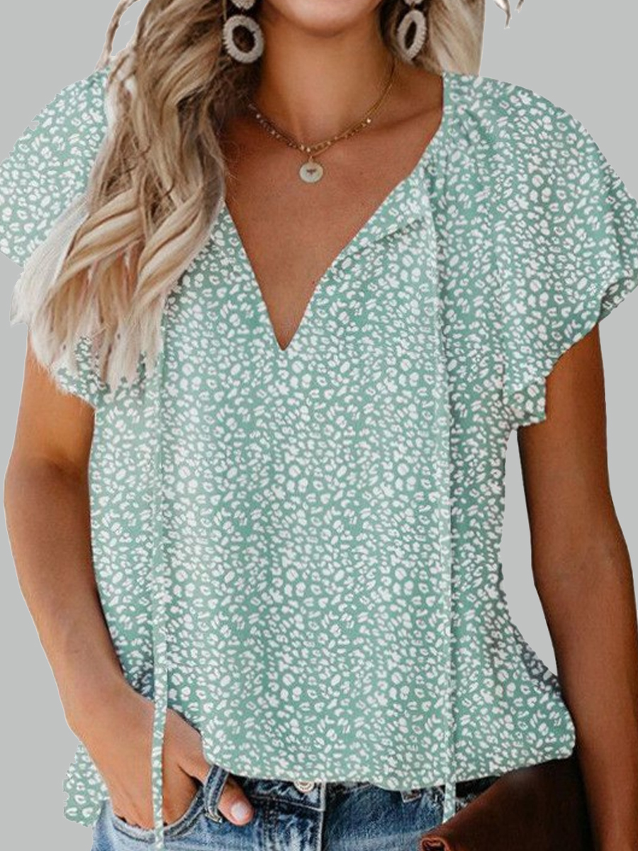 Floral Casual V-Neck Loose Short Sleeve Blouse