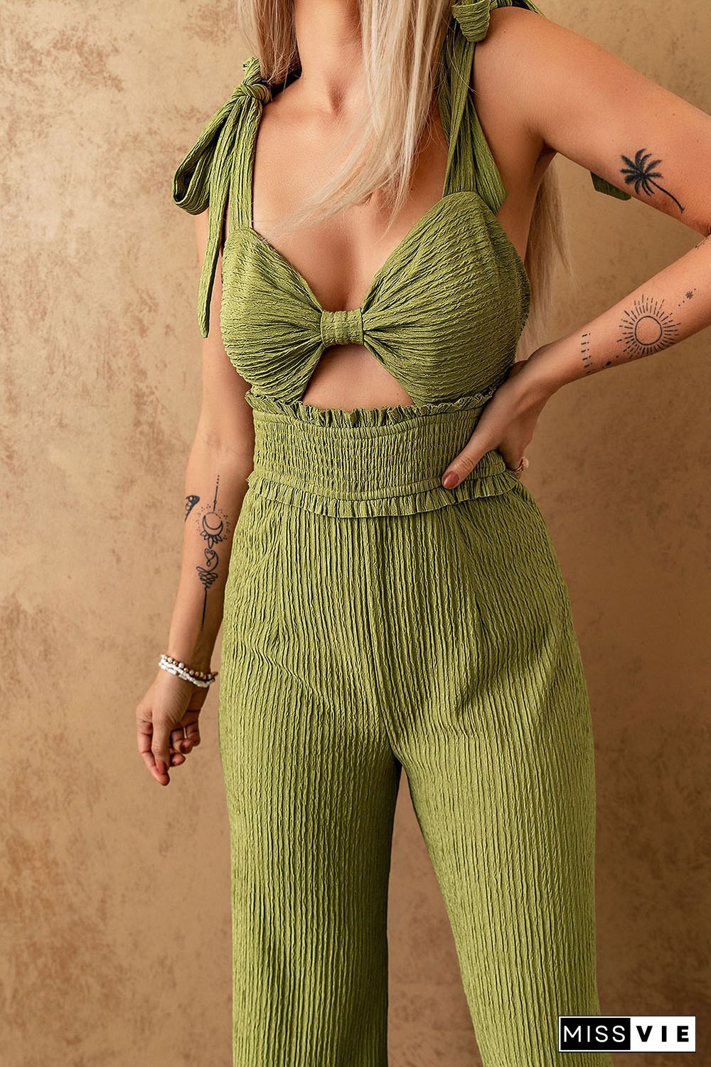 Green Shirred Knotted Front Tied Shoulder Wide Leg Jumpsuit