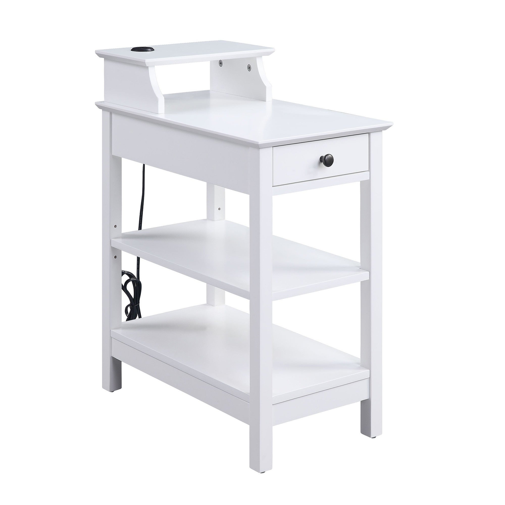 Wooden Frame Side Table with 3 Open Compartments and 1 Drawer， White