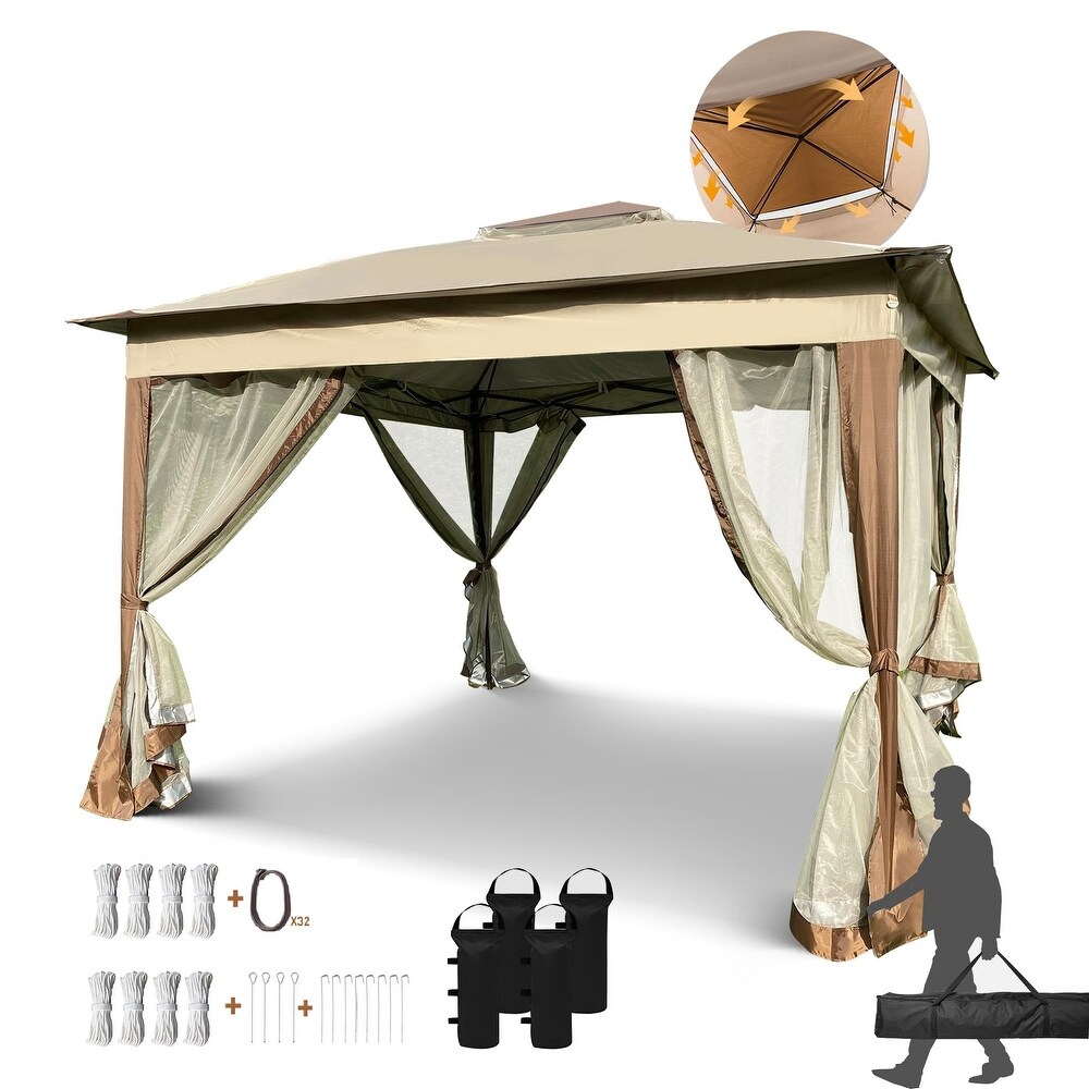 Coffee 11 x 11 ft Pop Up Gazebo with Removable Netting  Sandbags