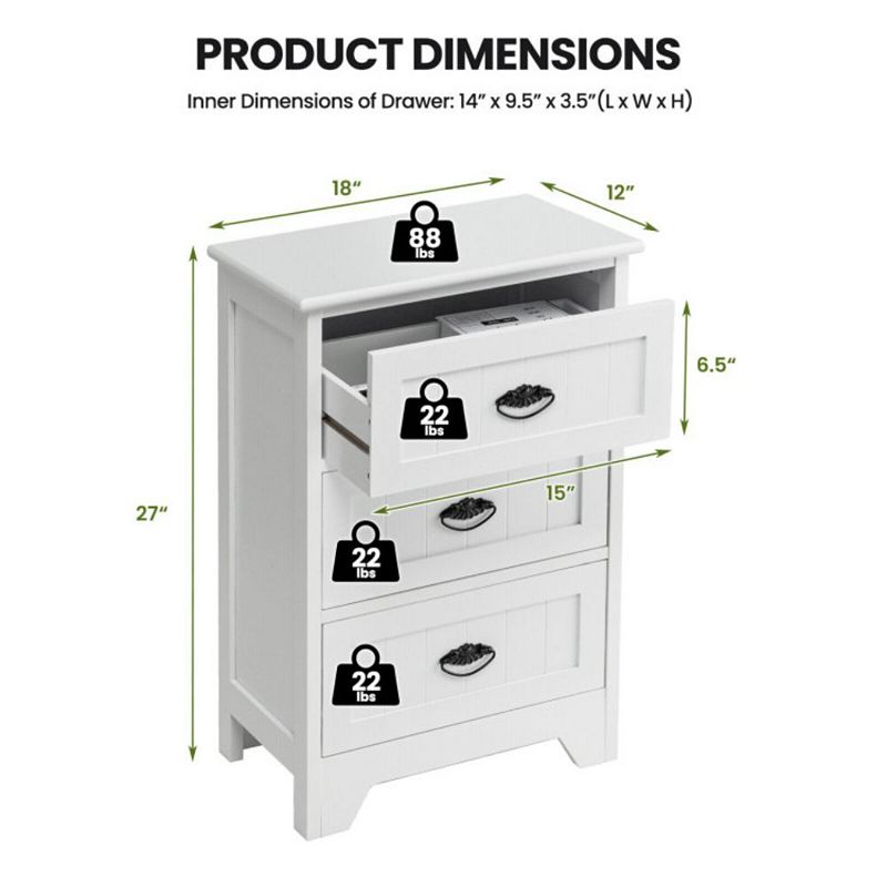 Hivago 3 Drawers End Storage Wood Side Nightstand - White