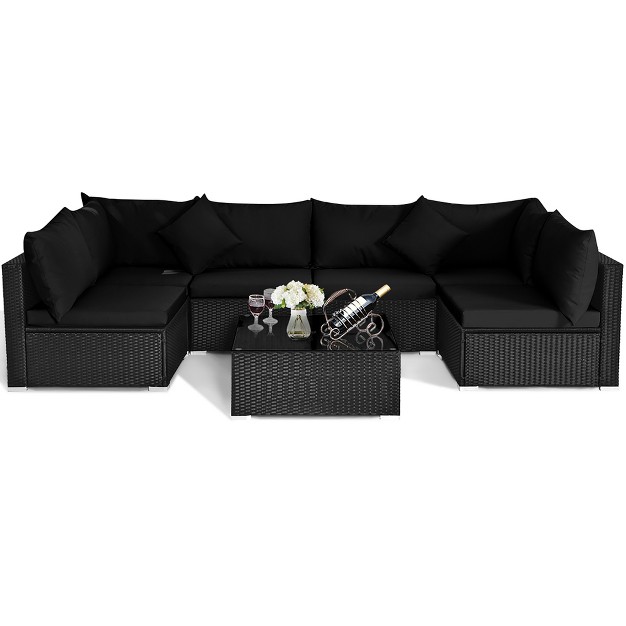 Costway 7pcs Patio Rattan Sofa Set Sectional Conversation Furniture Set Garden Black