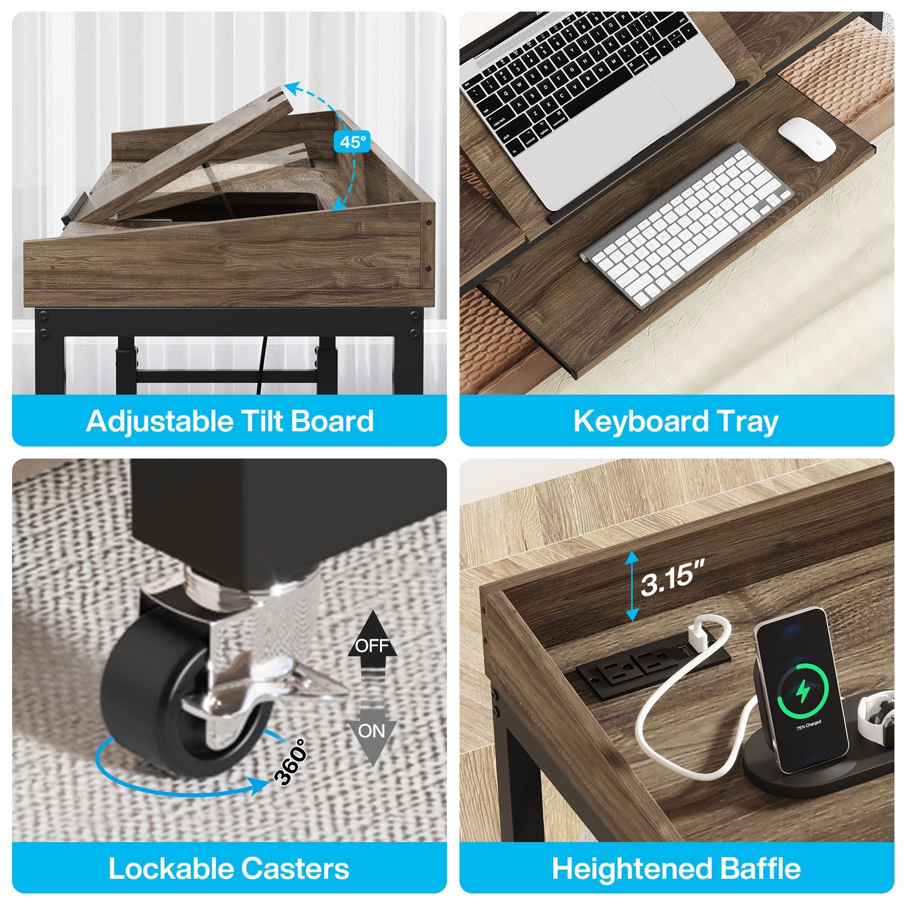 Height Adjustable Overbed Table with Wheels & Charging Station