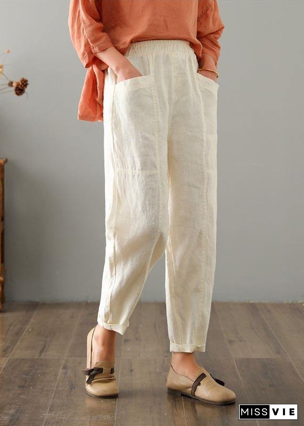 Organic Beige High Waist Harem Cotton Linen Pants Summer