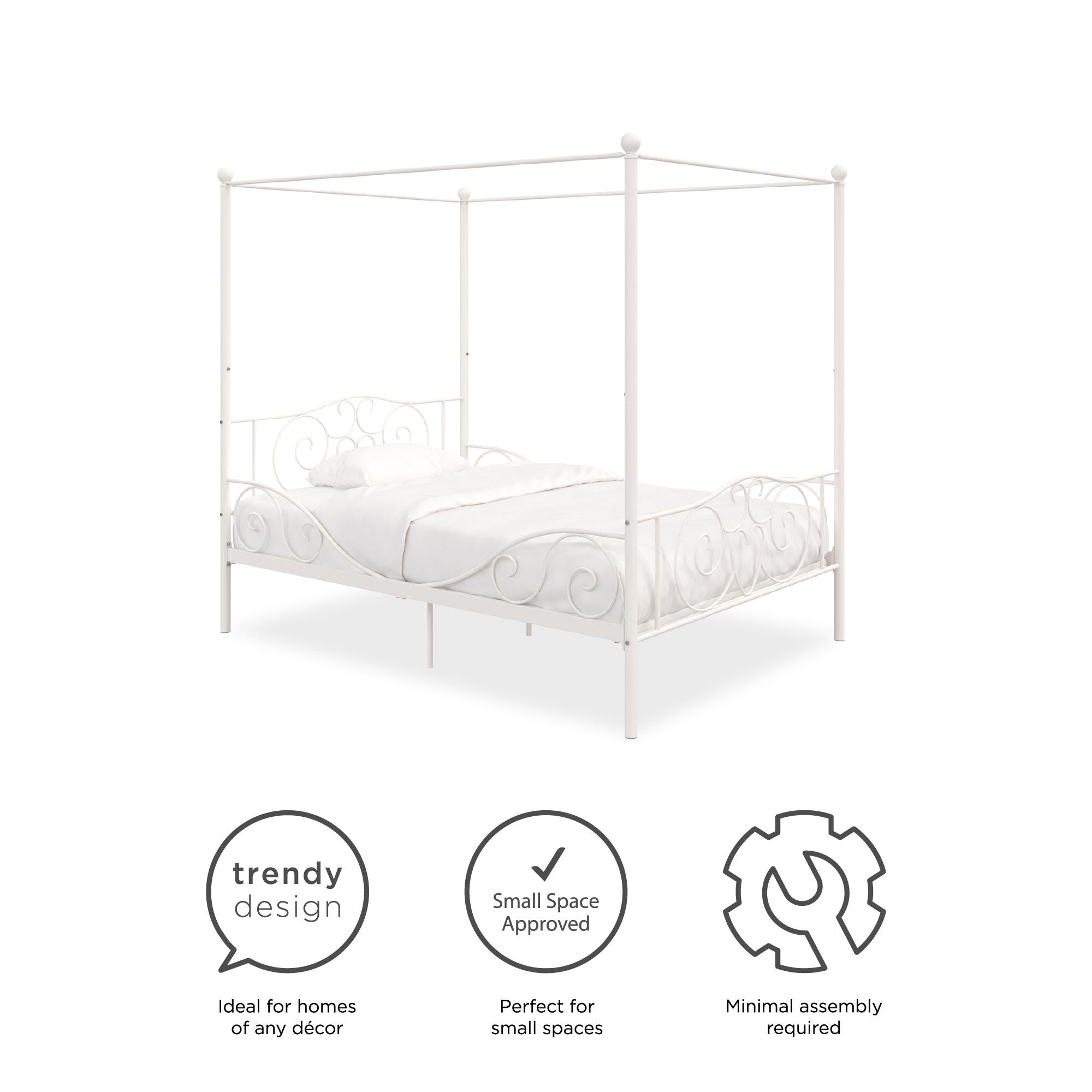 Elm & Oak Metal Canopy Kids Poster Bed, Full, White