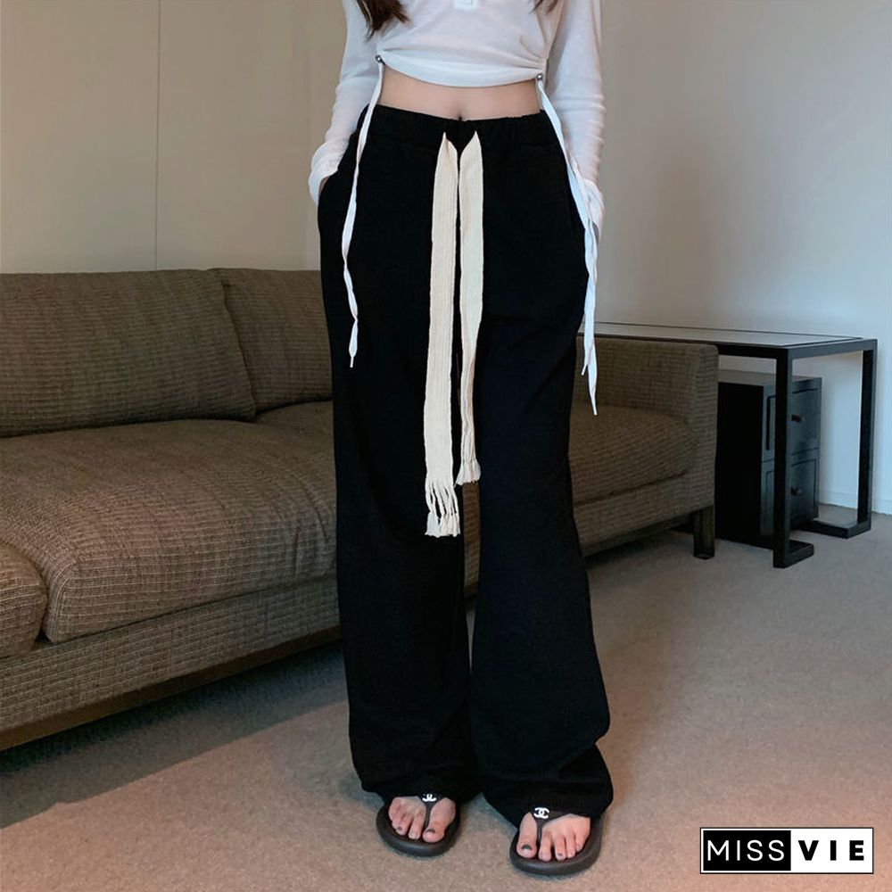 Sets Women 2 Pieces Cropped V-Neck Long Sleeve Tops Wide Leg Drawstring Pants Casual Fashion Streetwear Ulzzang All-Match Soft