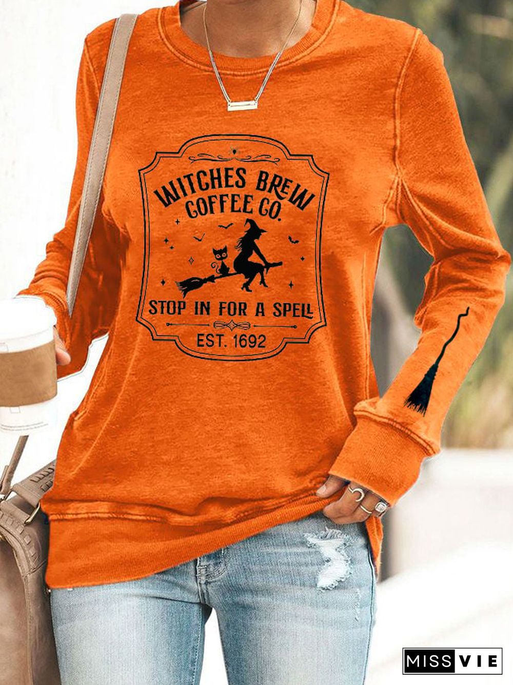 Women's Halloween Funny Coffee Co Witches Brew Printed Sweatshirt