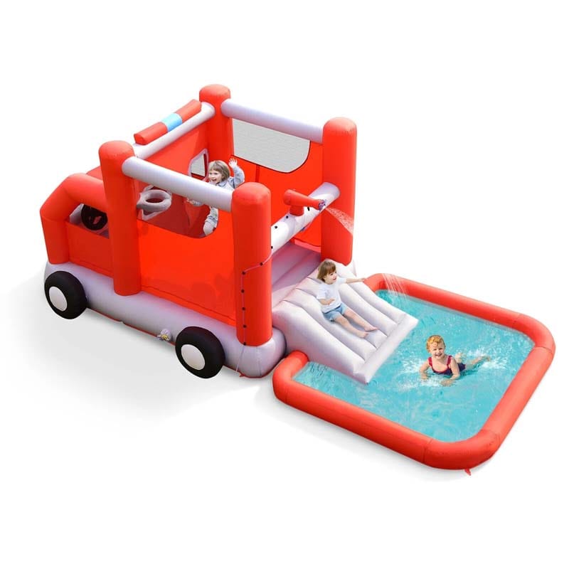 6-in-1 Fire Truck Themed Kids Water Park Jumping Bounce House Inflatable Water Slide without Blower