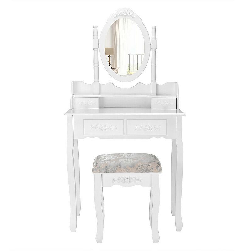 Vanity Table Set with Oval Mirror and 4 Drawers