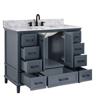 Home Decorators Collection Merryfield 43 in. W x 22 in. D x 35 in. H Freestanding Bath Vanity in Dark Blue-Gray with Carrara White Marble Top 19112-VS43-DG